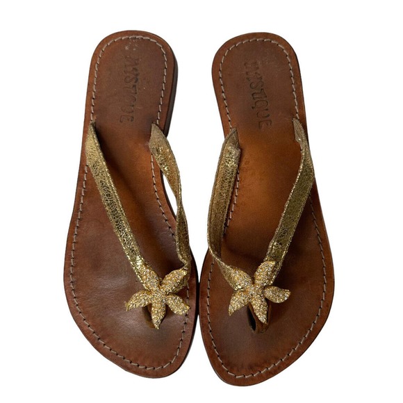 Mystique Gold Leather Crystal Rhinestone StarfishThong Flip Flop Sandal Womens 7 - Picture 4 of 12